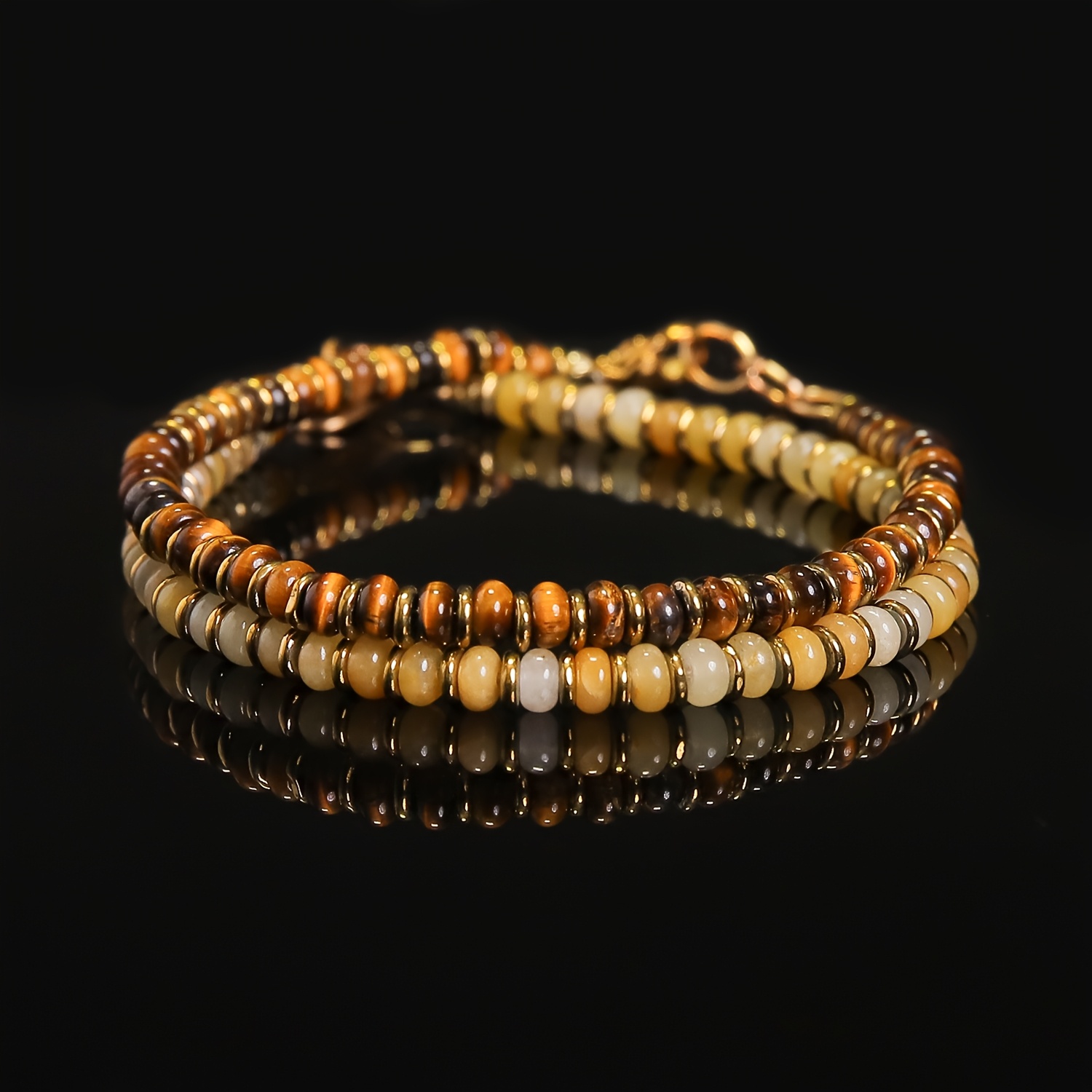 Yellow Agate & Tiger Eye Beaded Bracelet with Golden Spacers